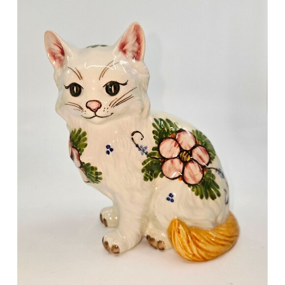 Handpainted Delft Style Ceramic Cat Figurine 5.5" Tall With Floral Design - Picture 1 of 7